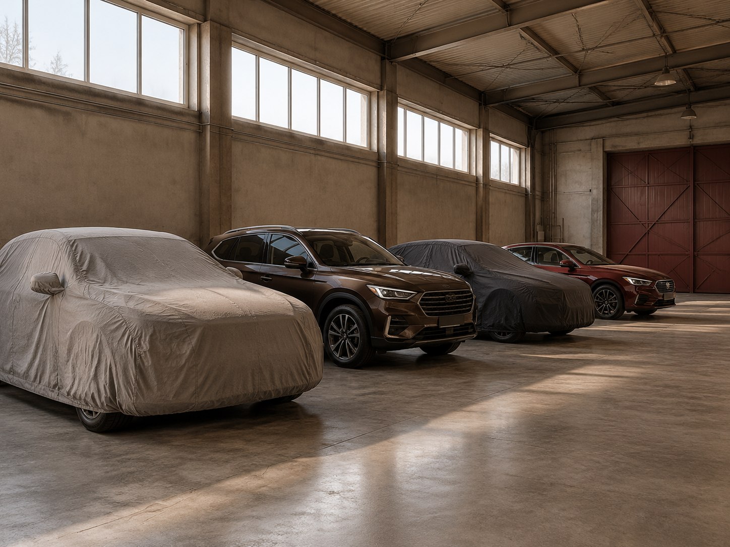 Nekoliko automobila parkiranih u redu u prostranom zatvorenom skladištu